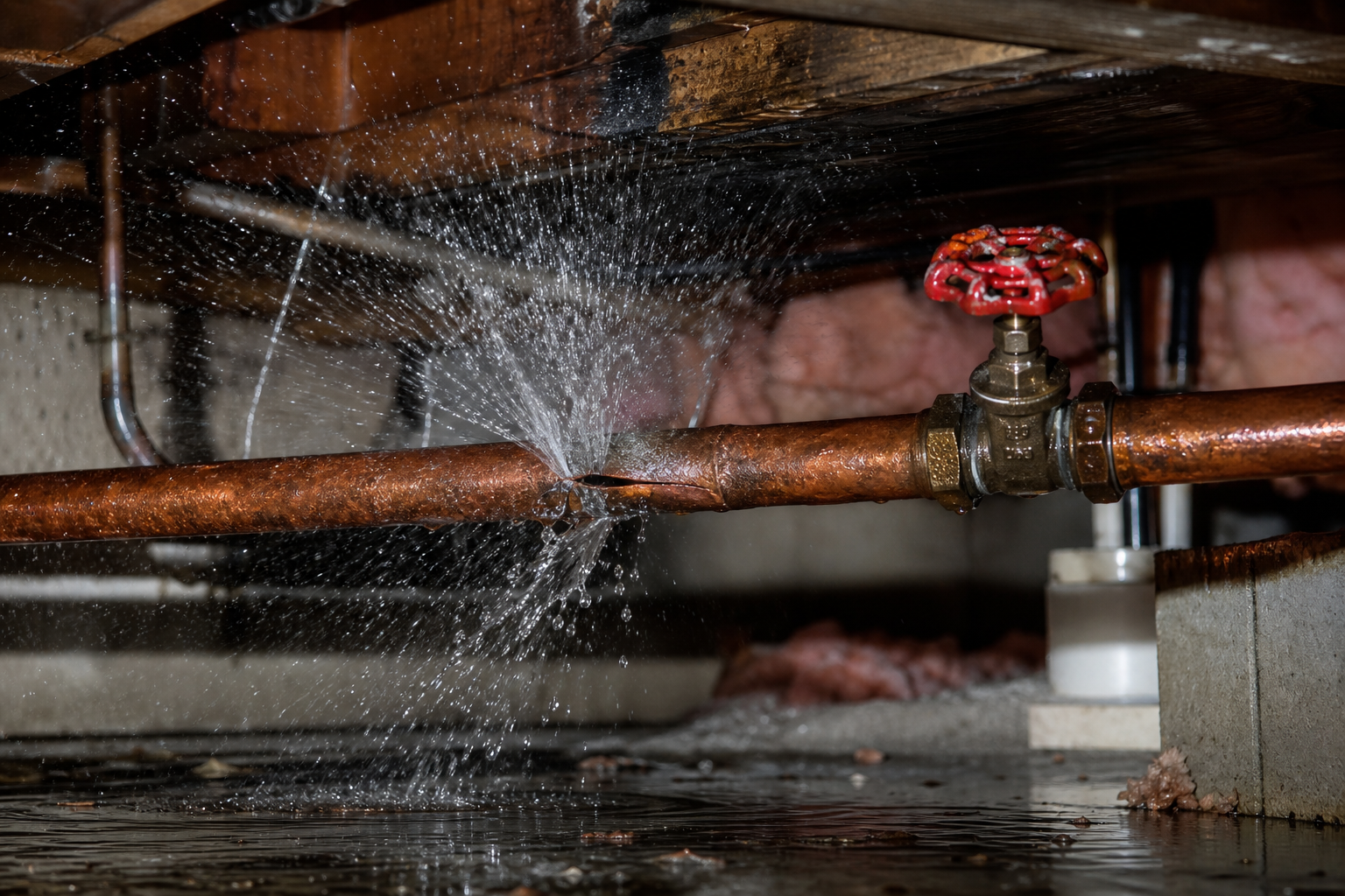 Burst pipe spraying water