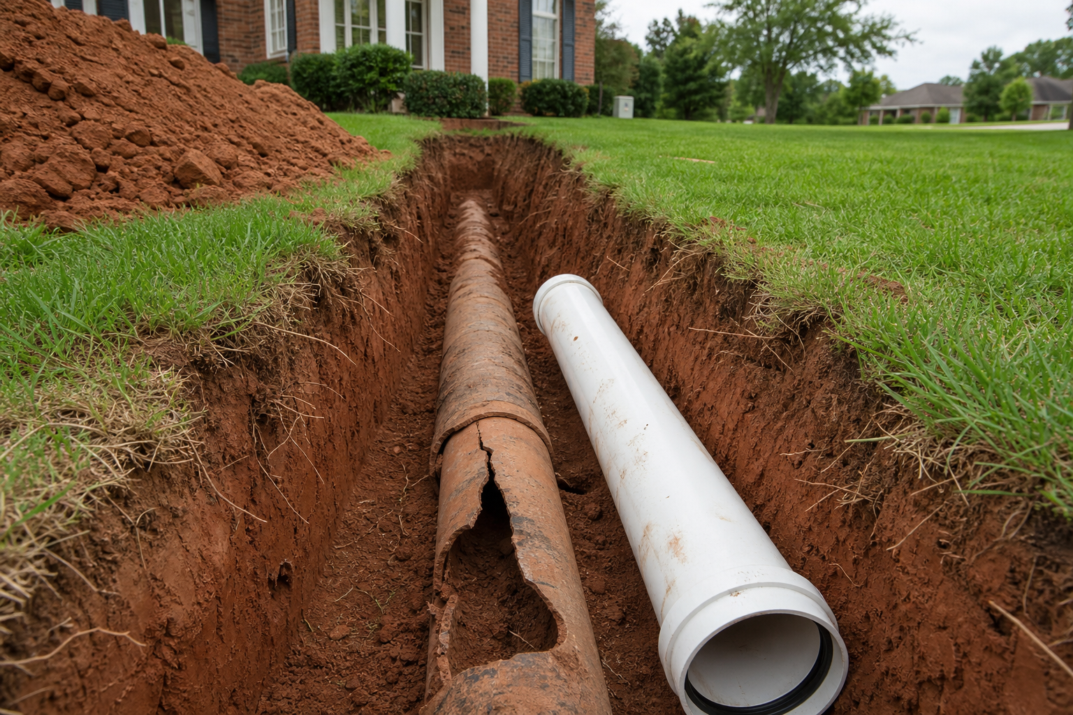 Sewer line trench with old and new pipe