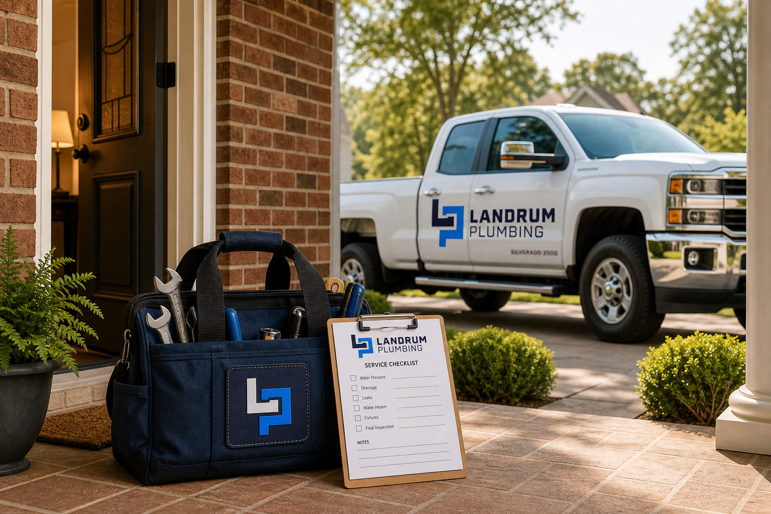 Landrum Plumbing truck, branded tool bag, and service checklist at a Cobb County home